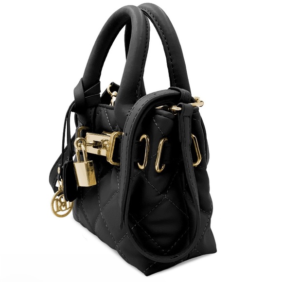 Bagdley Mischka Mini Black Quilted Handbag/Shoulderbag with Gold Accents & Lock - Picture 2 of 4